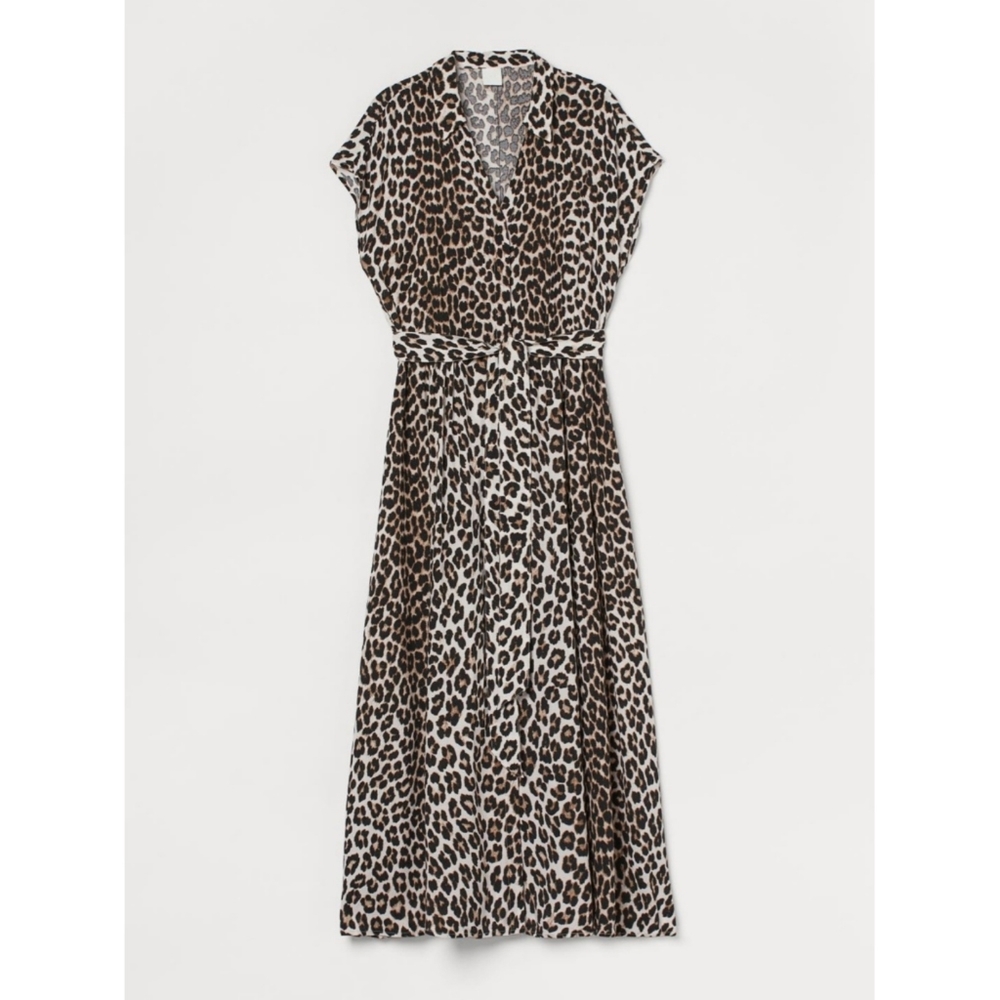H&M Leopard Cheetah Print Tie Waist Collared Midi Maxi Shirt Dress